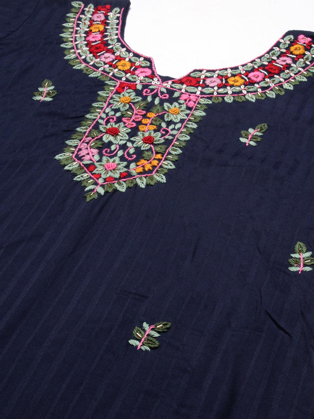 Solid Woven Striped Resham Embroidered Kurta - Navy Blue - Indiakreations