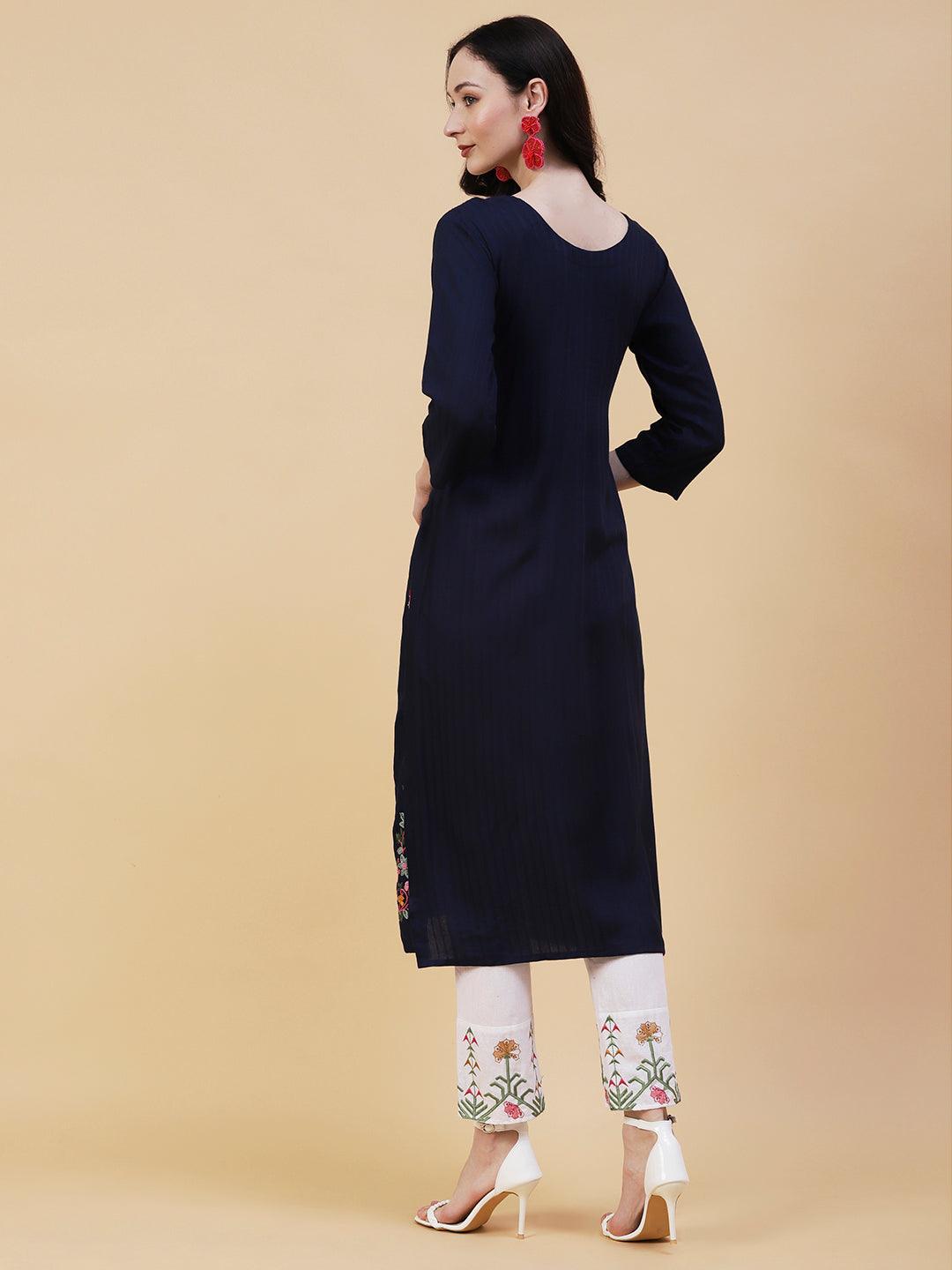 Solid Woven Striped Resham Embroidered Kurta - Navy Blue - Indiakreations