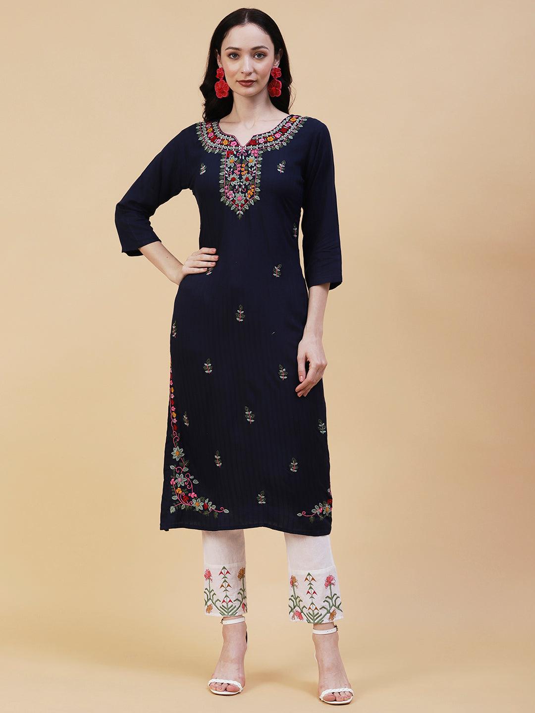 Solid Woven Striped Resham Embroidered Kurta - Navy Blue - Indiakreations