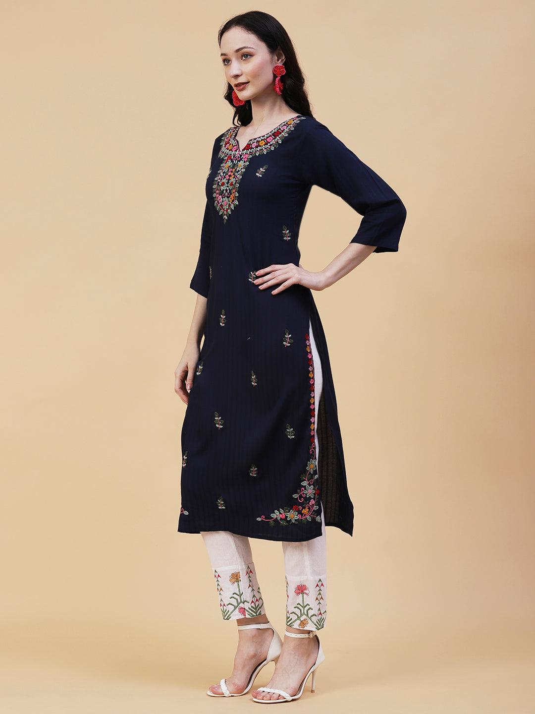 Solid Woven Striped Resham Embroidered Kurta - Navy Blue - Indiakreations