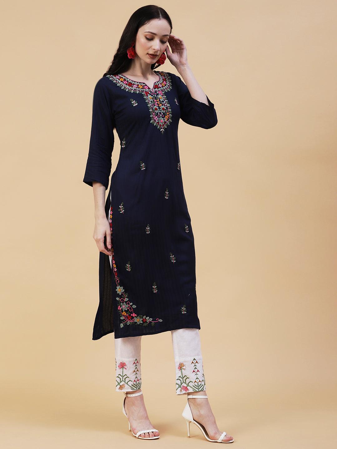 Solid Woven Striped Resham Embroidered Kurta - Navy Blue - Indiakreations