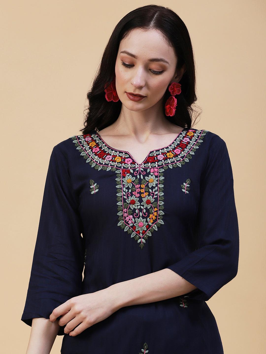 Solid Woven Striped Resham Embroidered Kurta - Navy Blue - Indiakreations