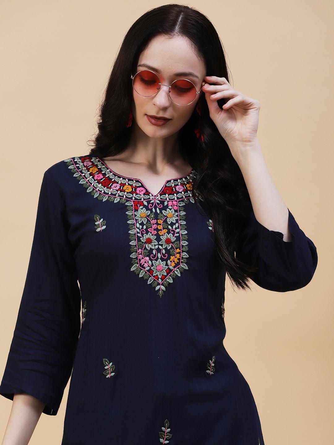 Solid Woven Striped Resham Embroidered Kurta - Navy Blue - Indiakreations