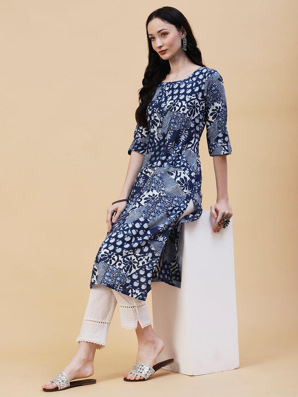 Ethnic, Floral & Abstract Block Printed Kurta - Blue - Indiakreations