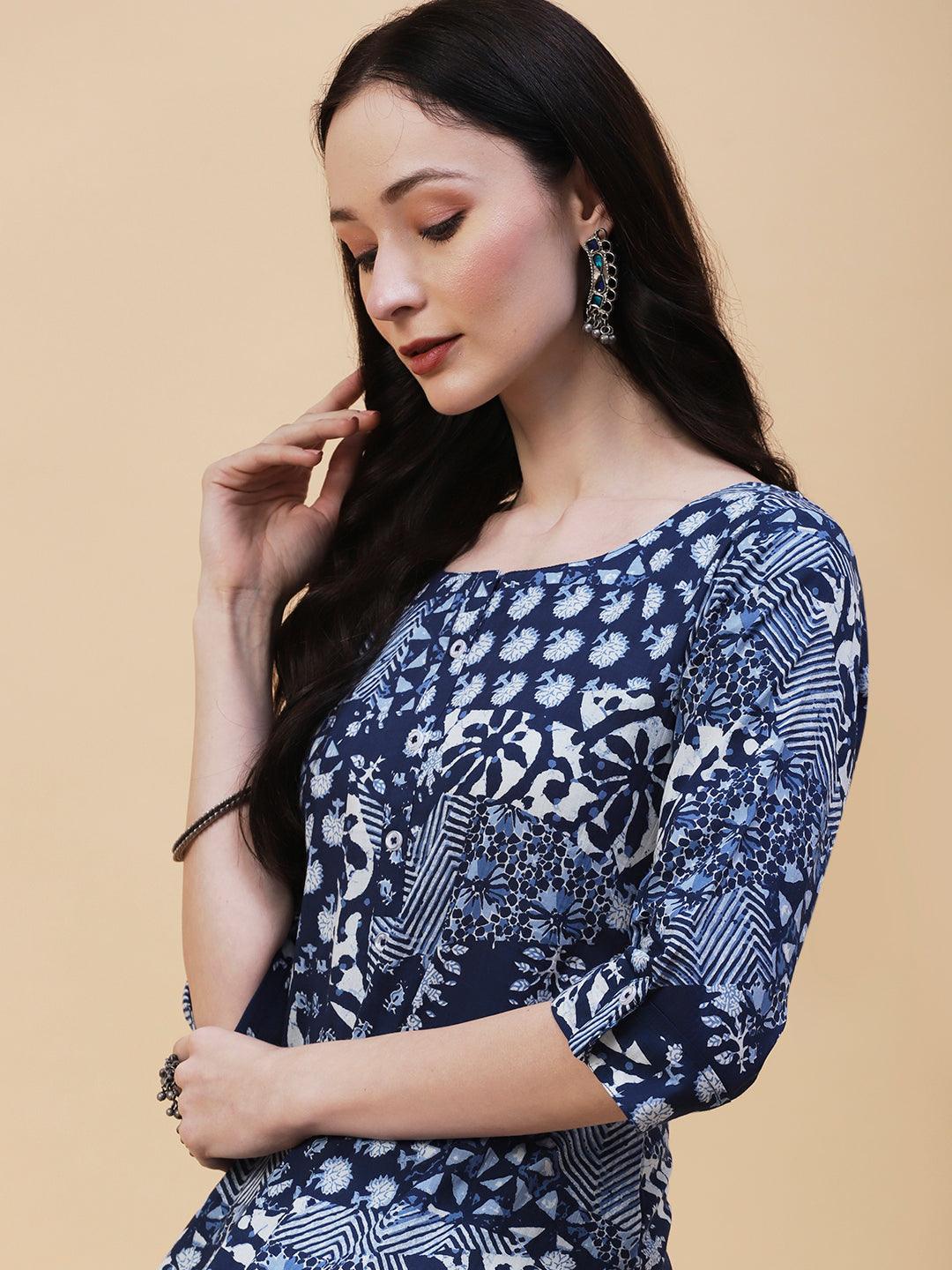 Ethnic, Floral & Abstract Block Printed Kurta - Blue - Indiakreations