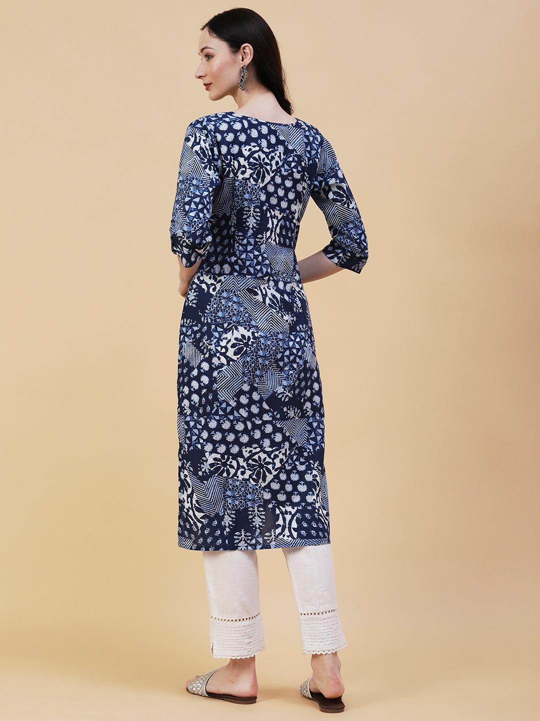 Ethnic, Floral & Abstract Block Printed Kurta - Blue - Indiakreations