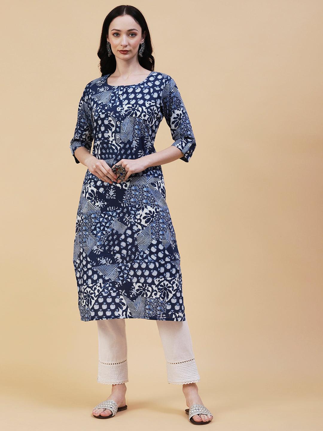 Ethnic, Floral & Abstract Block Printed Kurta - Blue - Indiakreations