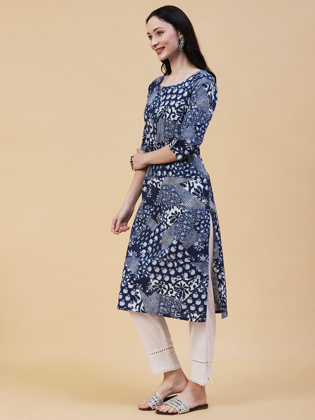 Ethnic, Floral & Abstract Block Printed Kurta - Blue - Indiakreations