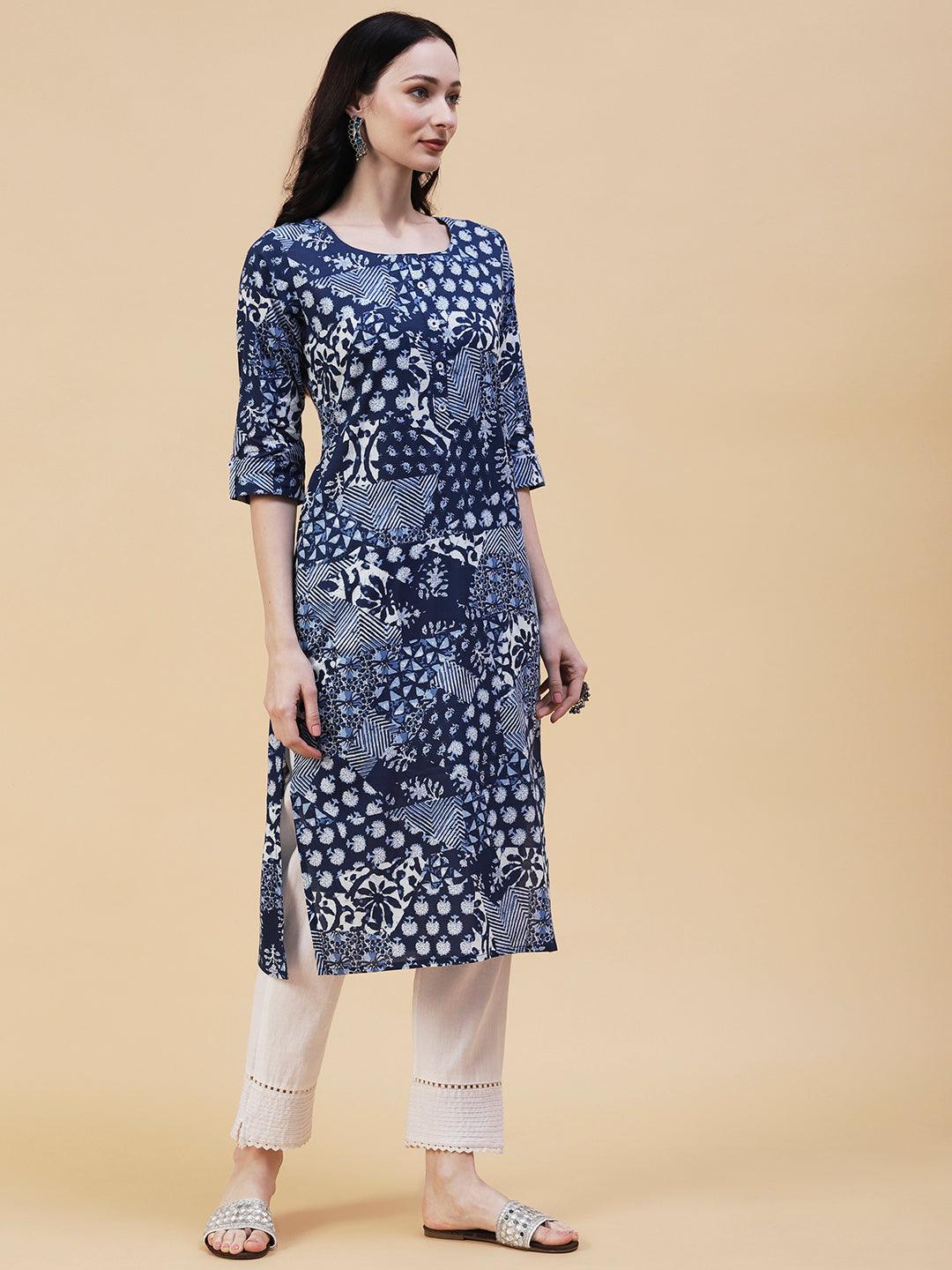 Ethnic, Floral & Abstract Block Printed Kurta - Blue - Indiakreations