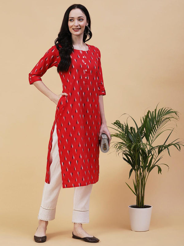 Abstract Printed Mother-Of-Pearl Buttoned Kurta - Red - Indiakreations