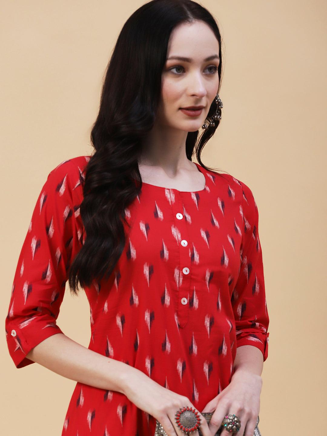 Abstract Printed Mother-Of-Pearl Buttoned Kurta - Red - Indiakreations