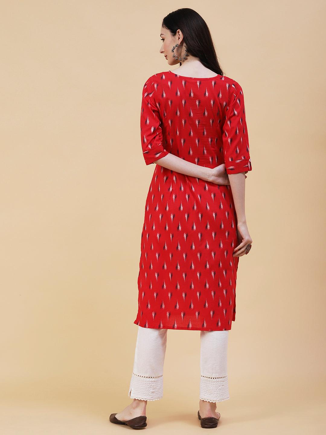 Abstract Printed Mother-Of-Pearl Buttoned Kurta - Red - Indiakreations