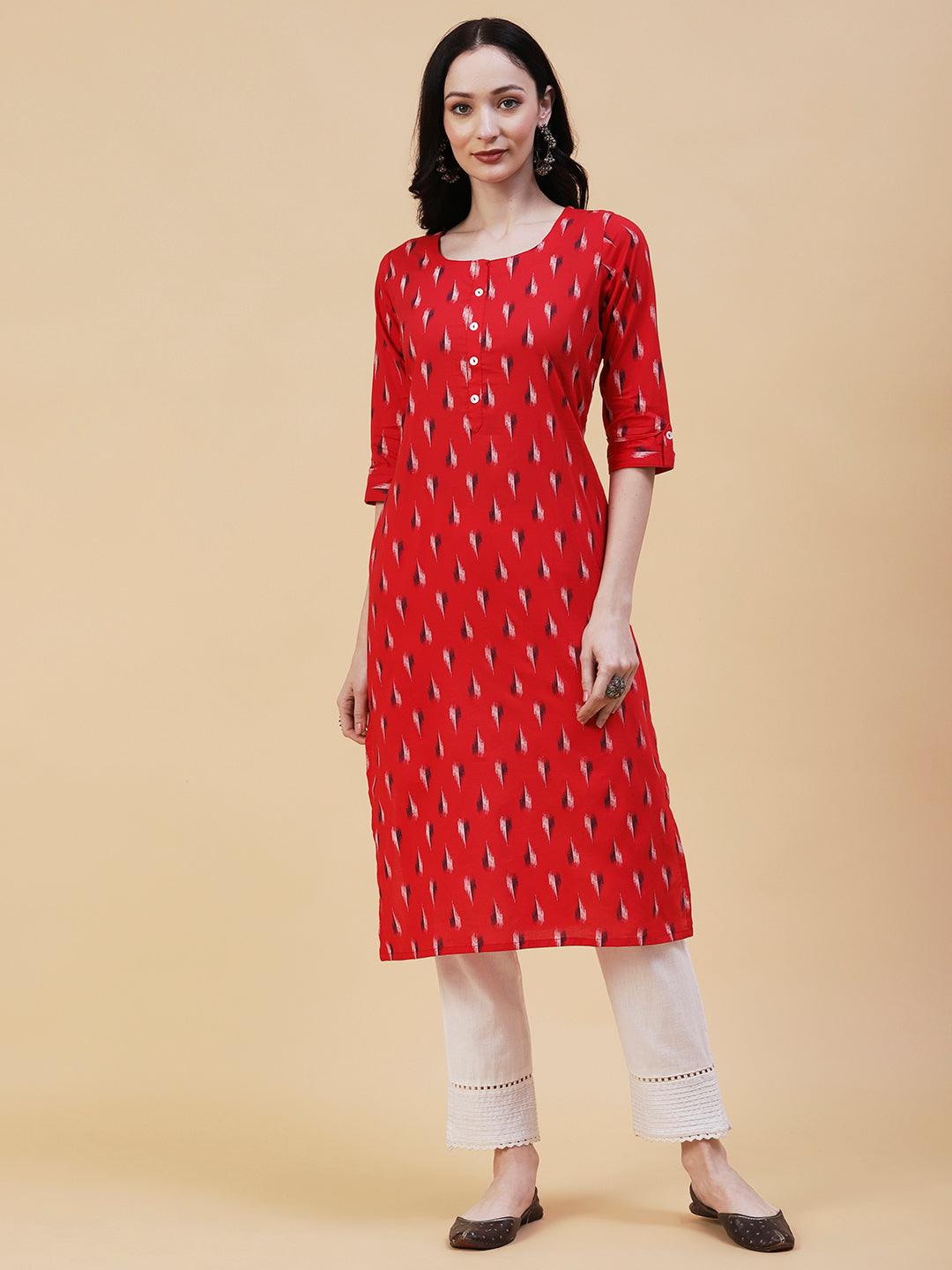 Abstract Printed Mother-Of-Pearl Buttoned Kurta - Red - Indiakreations