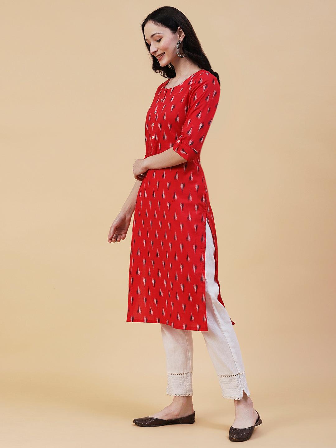 Abstract Printed Mother-Of-Pearl Buttoned Kurta - Red - Indiakreations