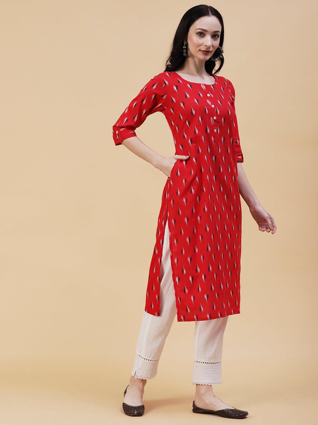 Abstract Printed Mother-Of-Pearl Buttoned Kurta - Red - Indiakreations