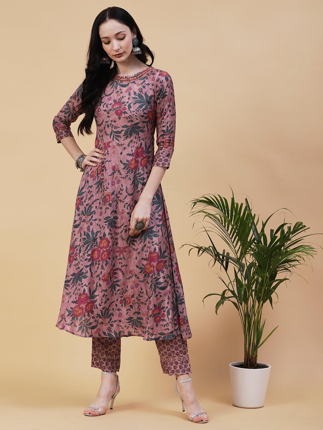 Floral Printed Resham & Sequins Embroidered A-line Kurta With Pants - Rose Gold - Indiakreations