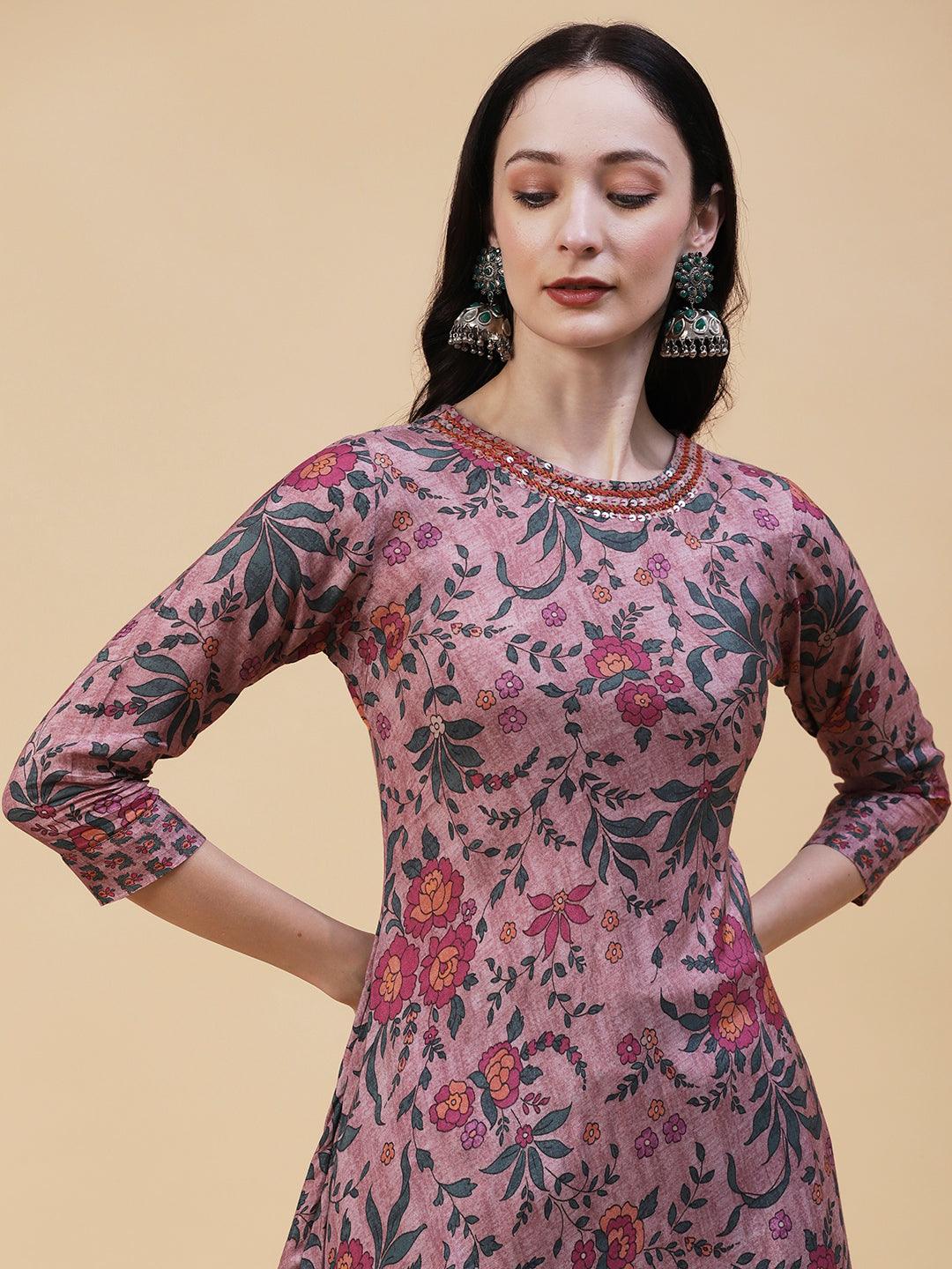 Floral Printed Resham & Sequins Embroidered A-line Kurta With Pants - Rose Gold - Indiakreations