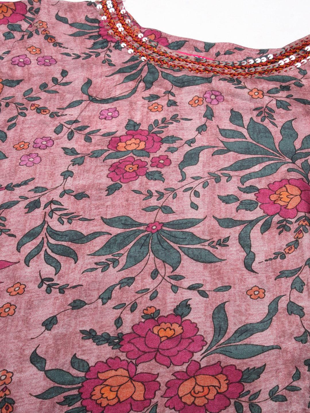 Floral Printed Resham & Sequins Embroidered A-line Kurta With Pants - Rose Gold - Indiakreations