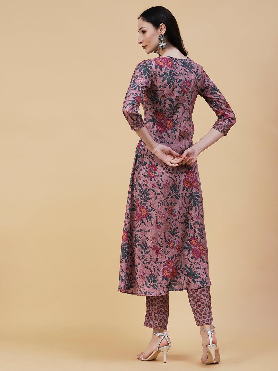 Floral Printed Resham & Sequins Embroidered A-line Kurta With Pants - Rose Gold - Indiakreations