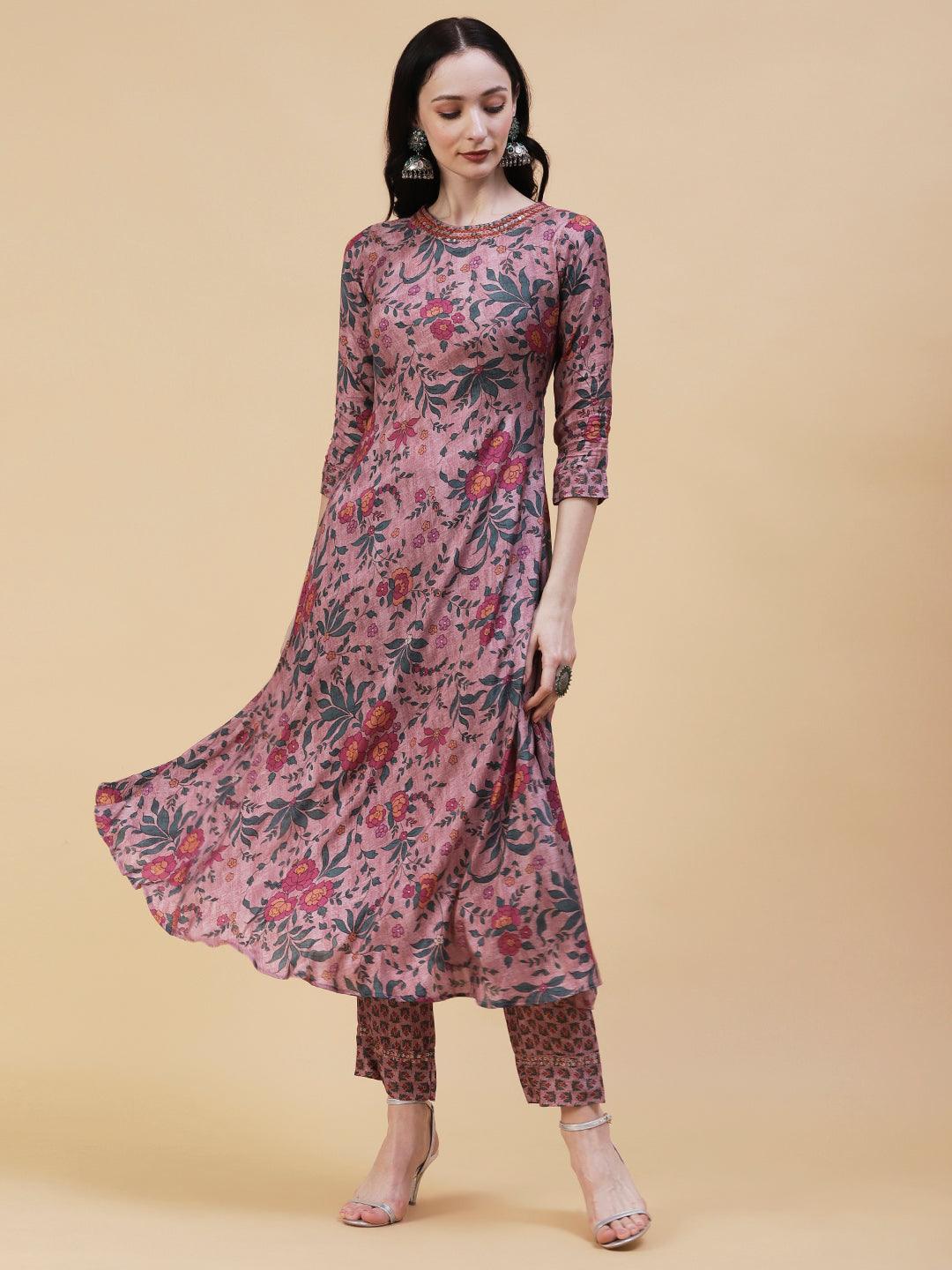 Floral Printed Resham & Sequins Embroidered A-line Kurta With Pants - Rose Gold - Indiakreations