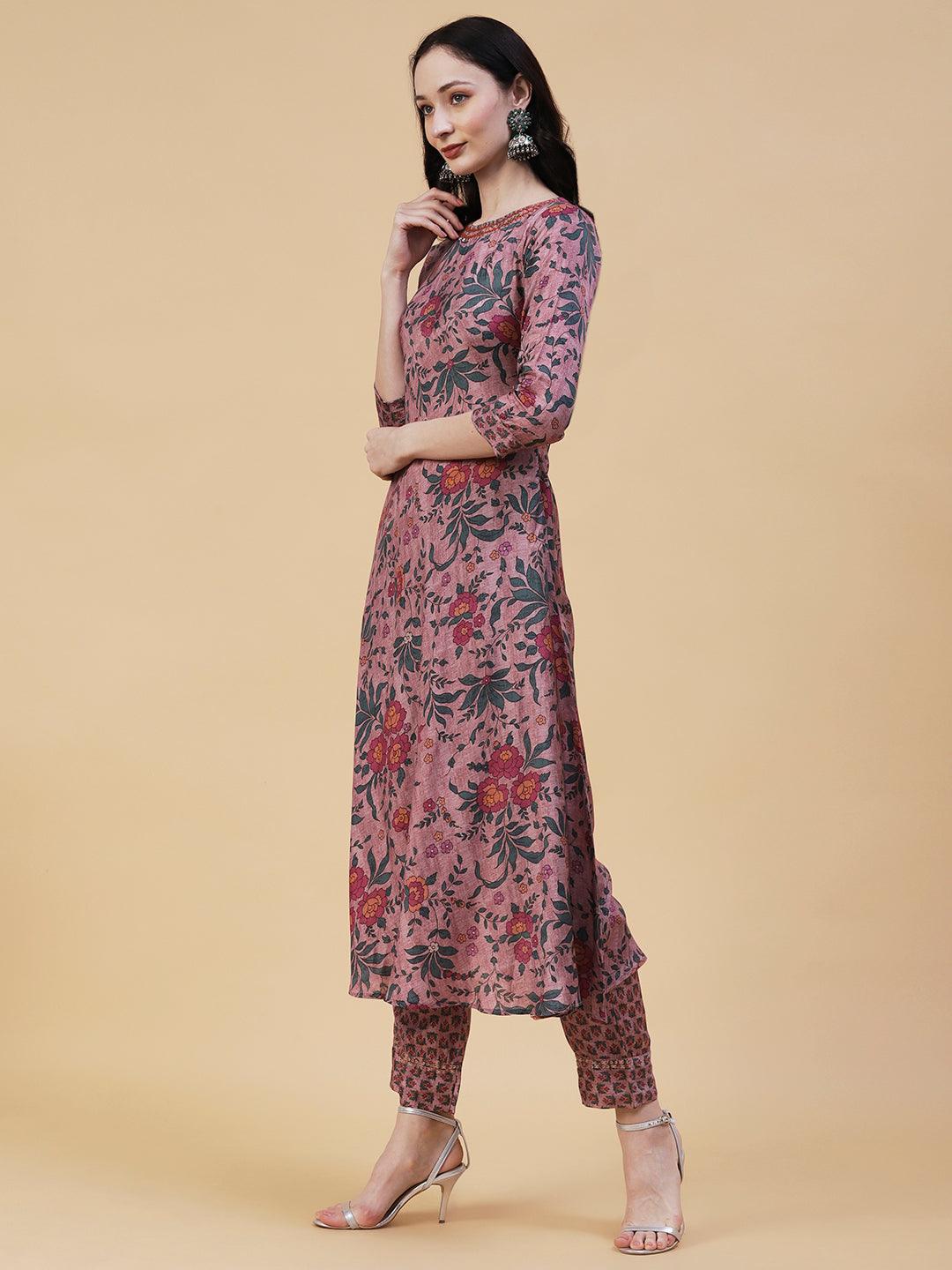 Floral Printed Resham & Sequins Embroidered A-line Kurta With Pants - Rose Gold - Indiakreations