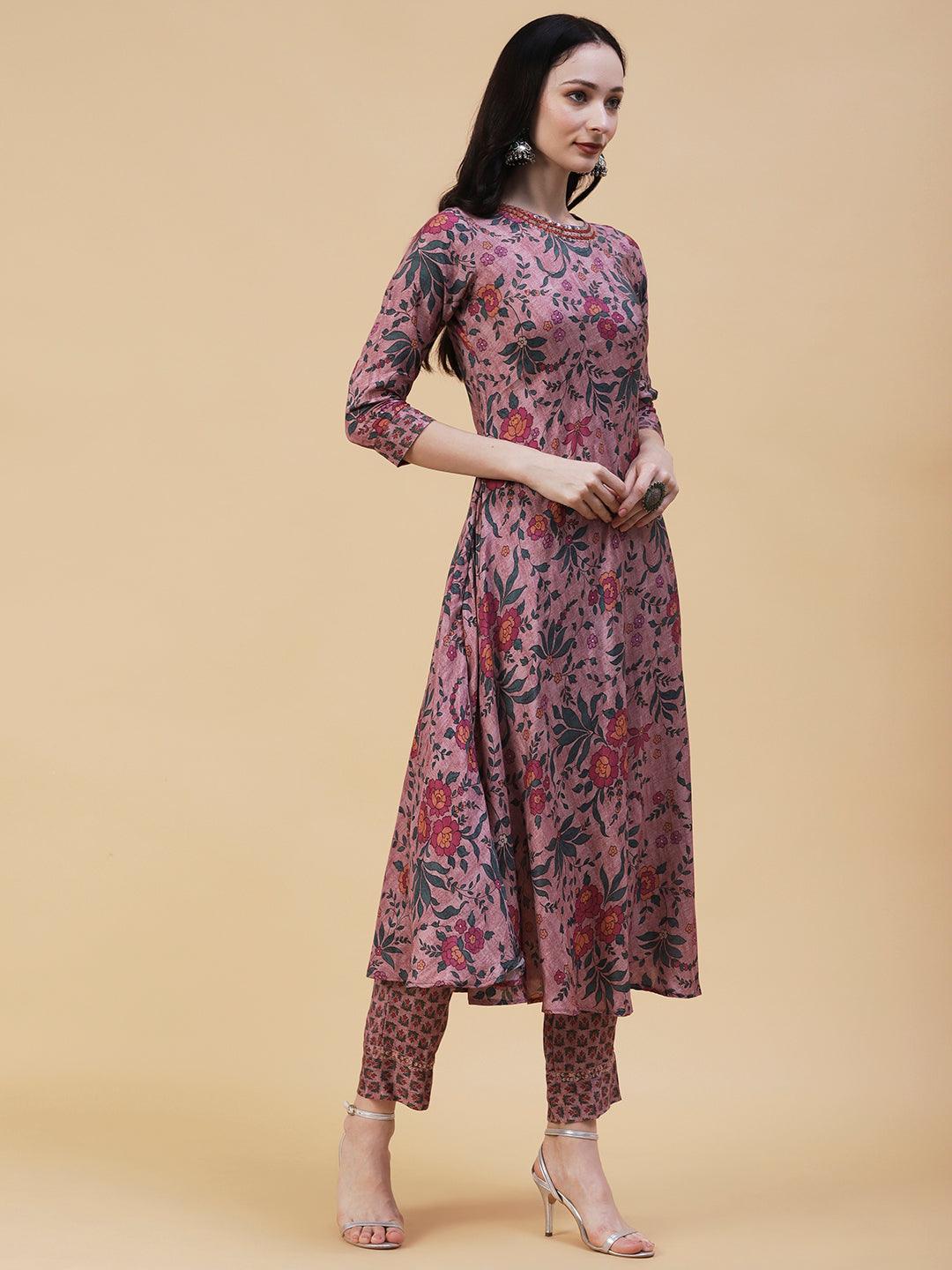 Floral Printed Resham & Sequins Embroidered A-line Kurta With Pants - Rose Gold - Indiakreations