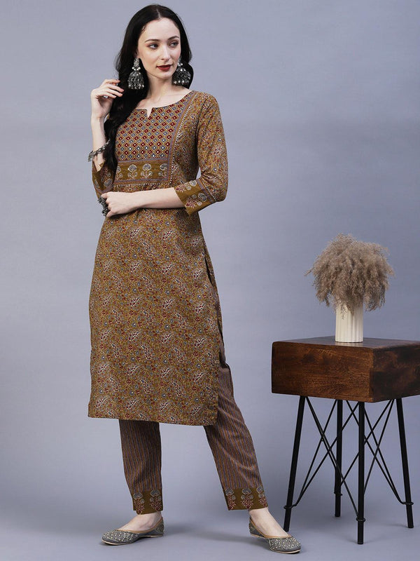 Floral Block Printed Zari & Sequins Embroidered Kurta With Pants - Taupe - Indiakreations