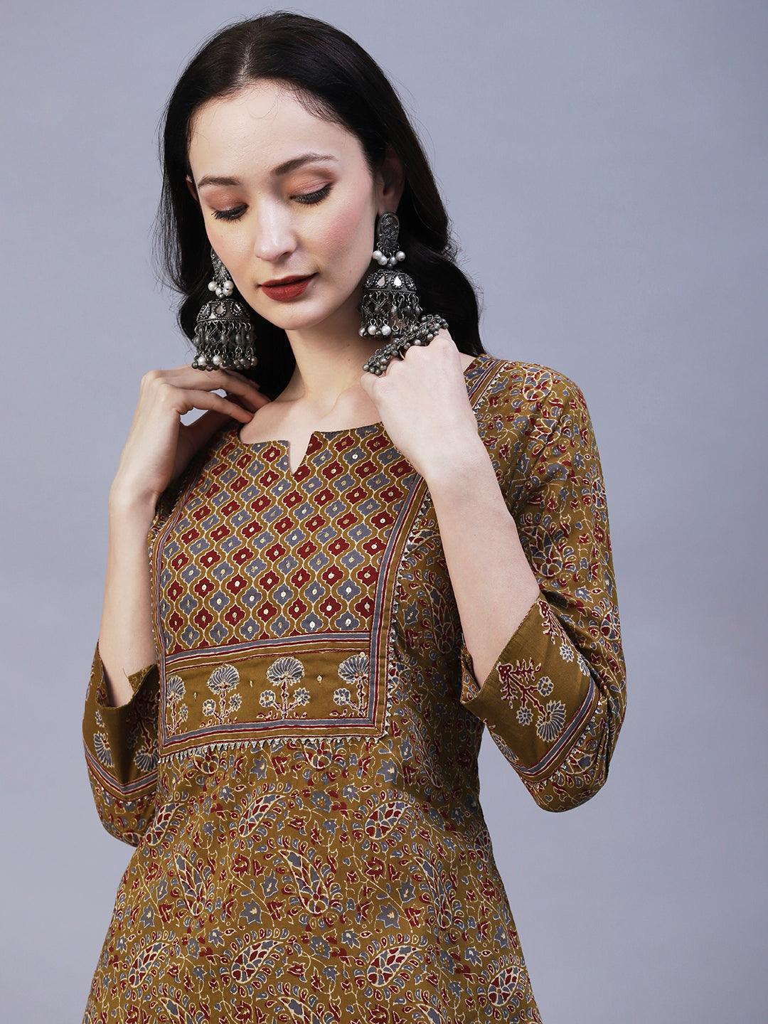 Floral Block Printed Zari & Sequins Embroidered Kurta With Pants - Taupe - Indiakreations