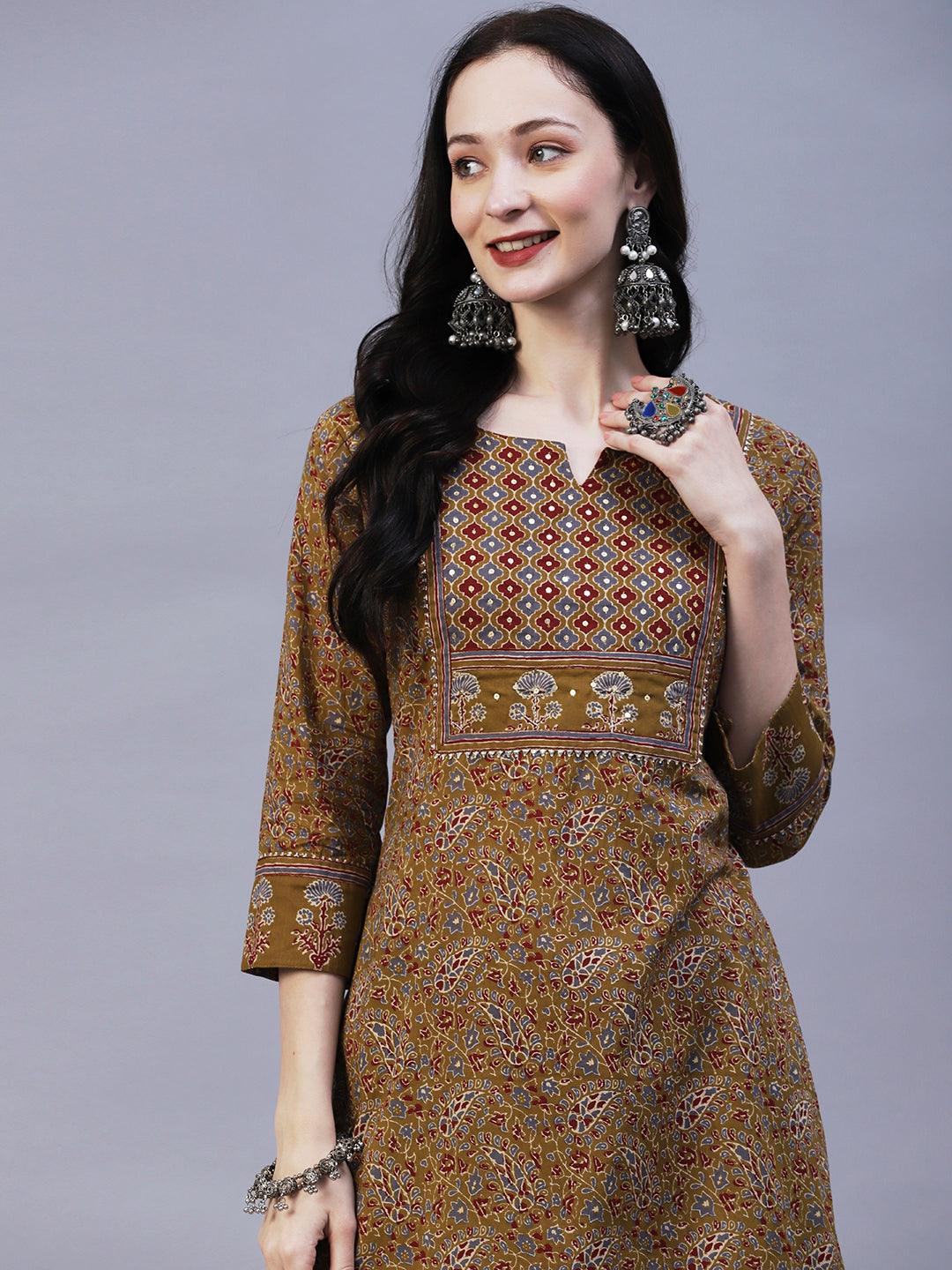 Floral Block Printed Zari & Sequins Embroidered Kurta With Pants - Taupe - Indiakreations