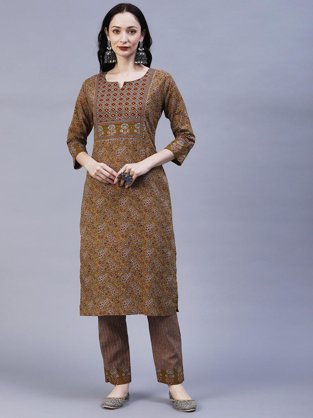 Floral Block Printed Zari & Sequins Embroidered Kurta With Pants - Taupe - Indiakreations