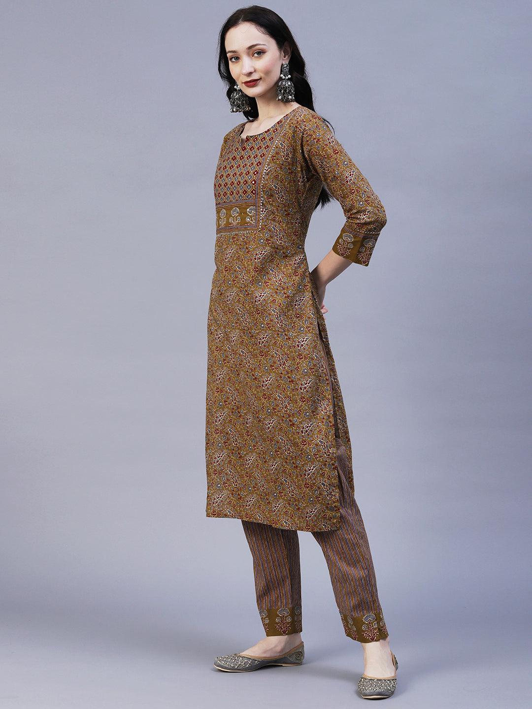 Floral Block Printed Zari & Sequins Embroidered Kurta With Pants - Taupe - Indiakreations