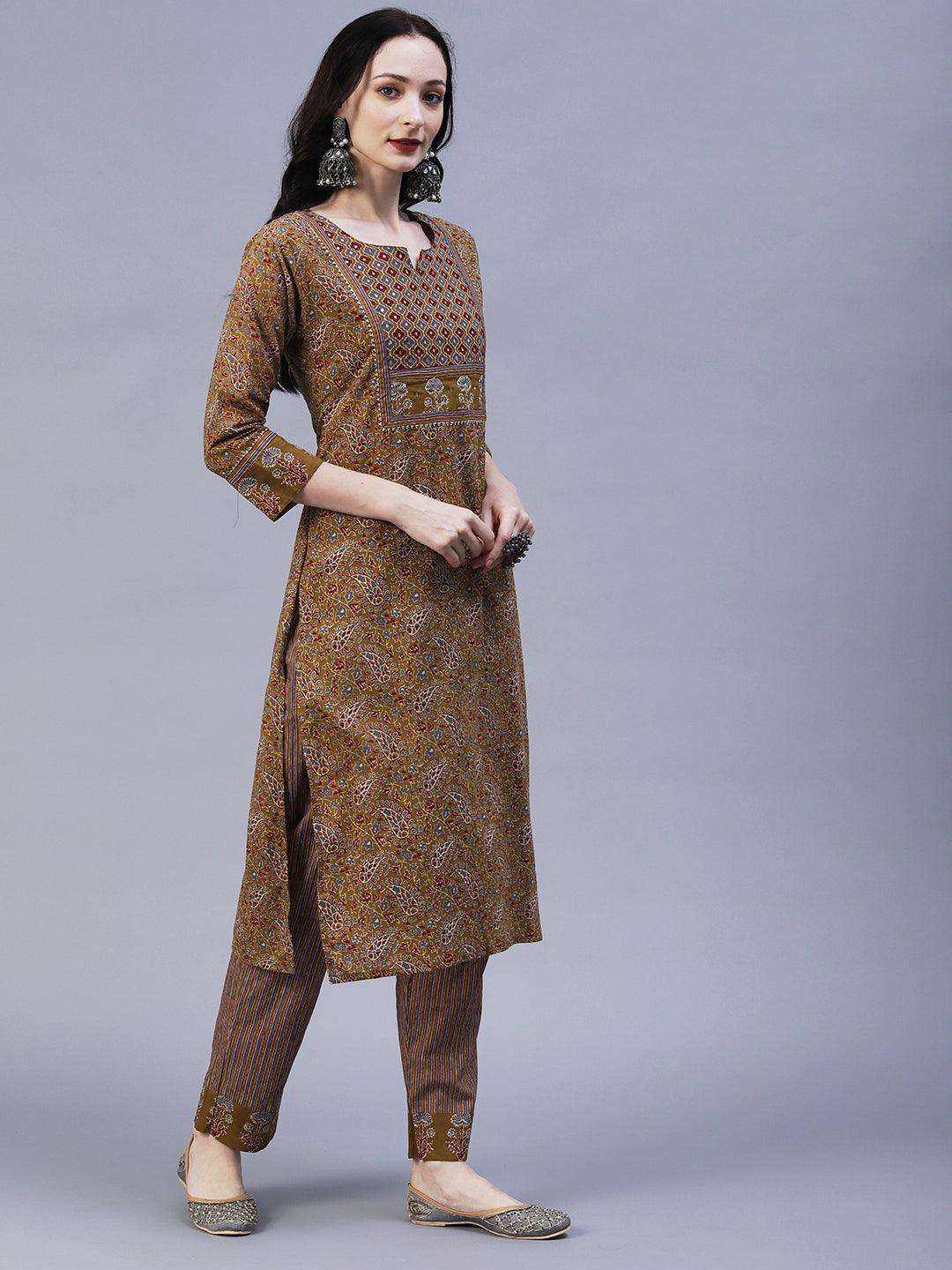 Floral Block Printed Zari & Sequins Embroidered Kurta With Pants - Taupe - Indiakreations