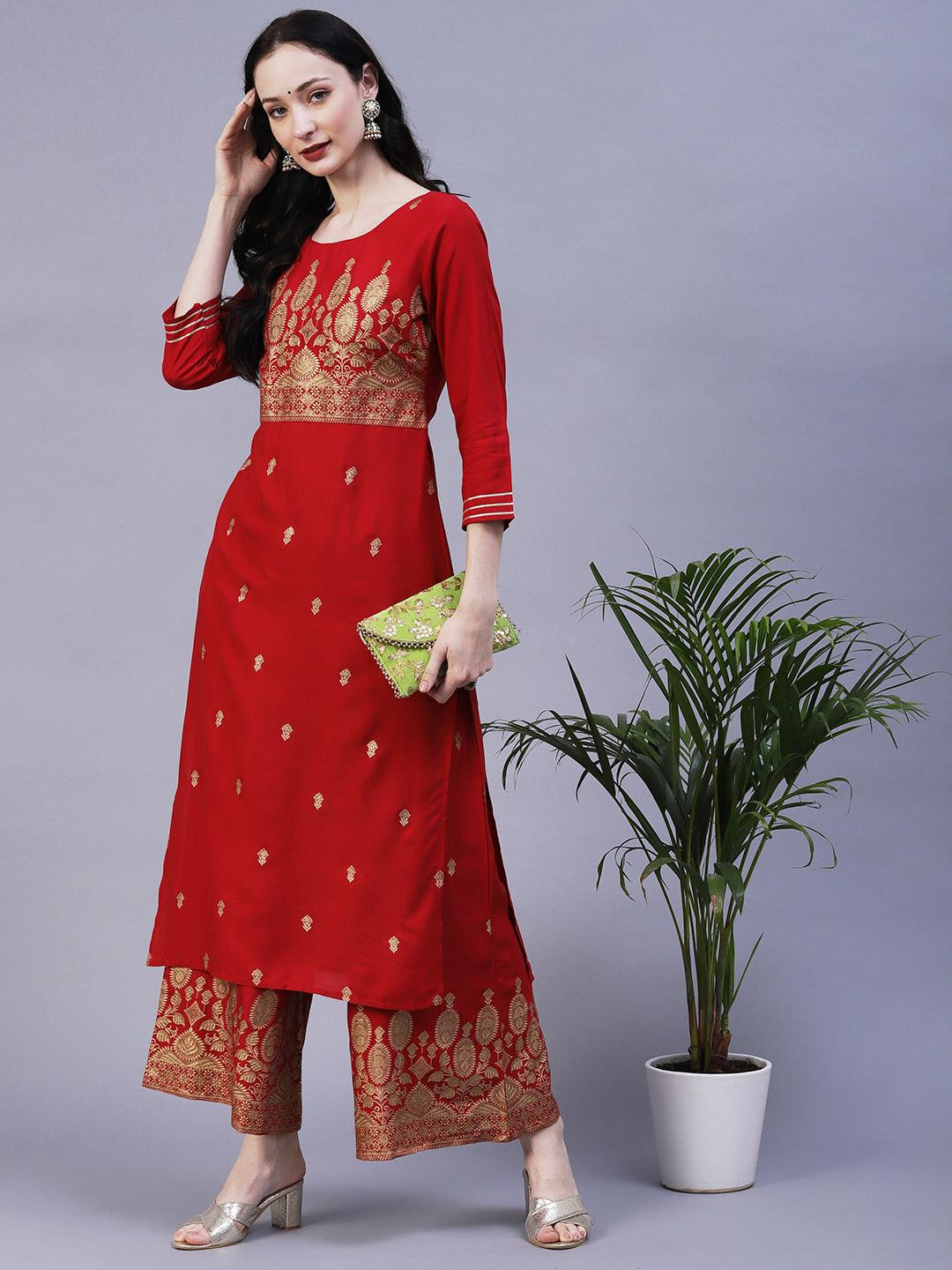 Floral & Ethnic Khari & Shimmer Printed Kurta With Palazzo - Red - Indiakreations