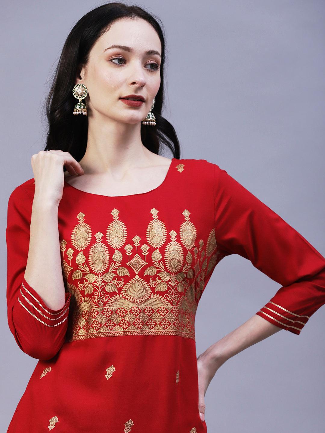 Floral & Ethnic Khari & Shimmer Printed Kurta With Palazzo - Red - Indiakreations