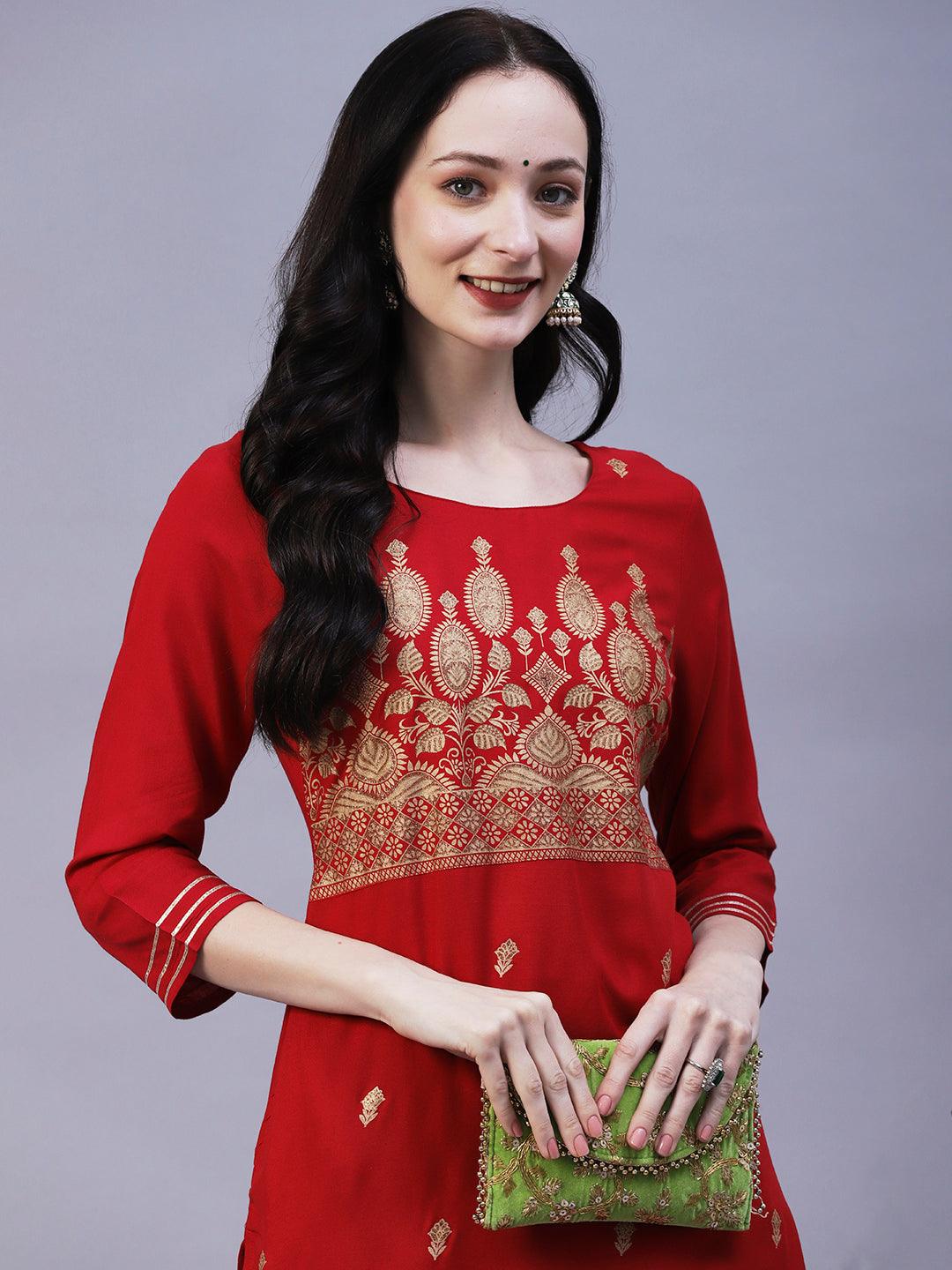 Floral & Ethnic Khari & Shimmer Printed Kurta With Palazzo - Red - Indiakreations