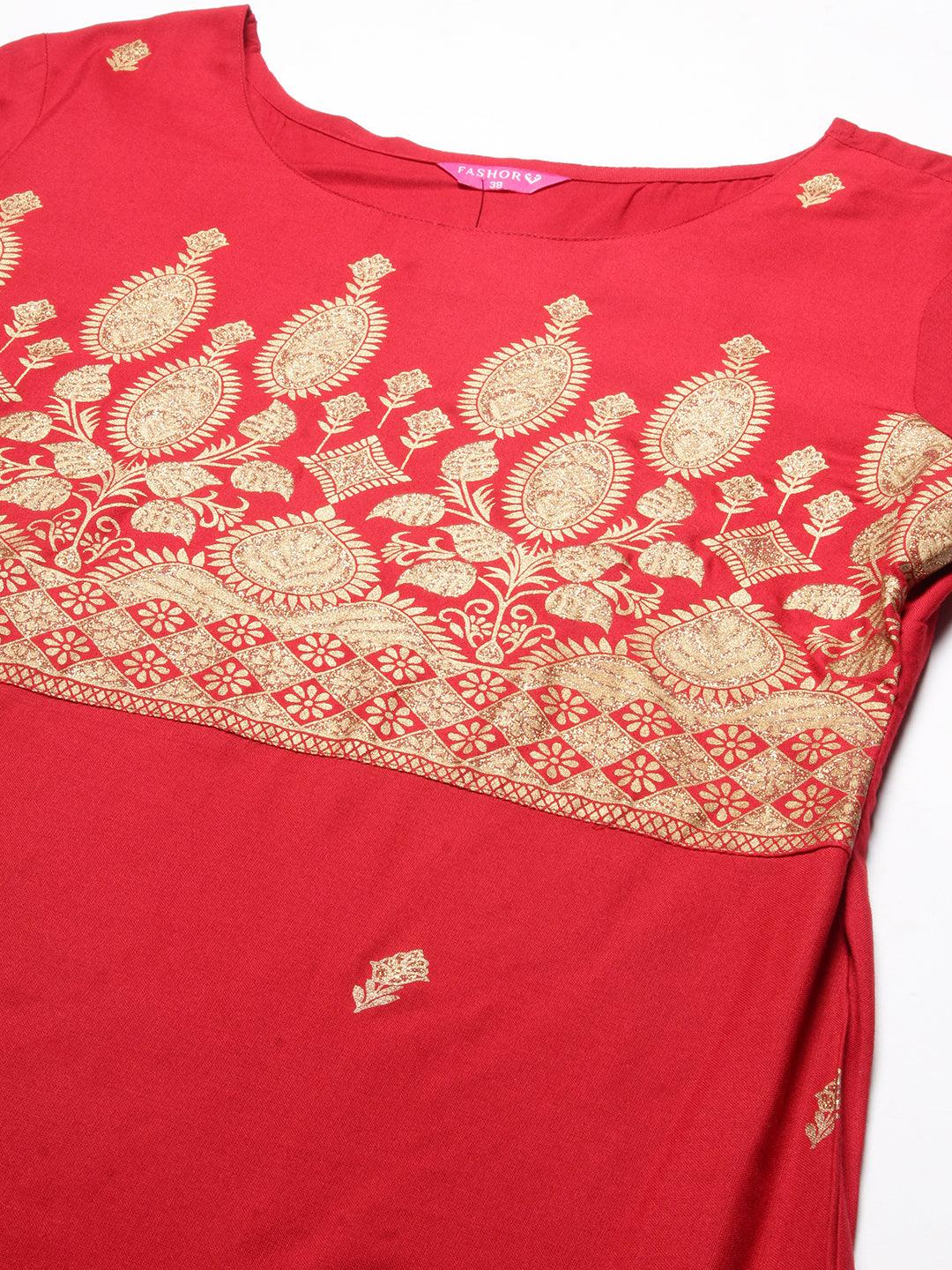 Floral & Ethnic Khari & Shimmer Printed Kurta With Palazzo - Red - Indiakreations