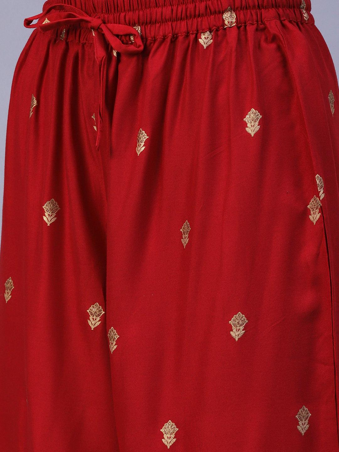 Floral & Ethnic Khari & Shimmer Printed Kurta With Palazzo - Red - Indiakreations