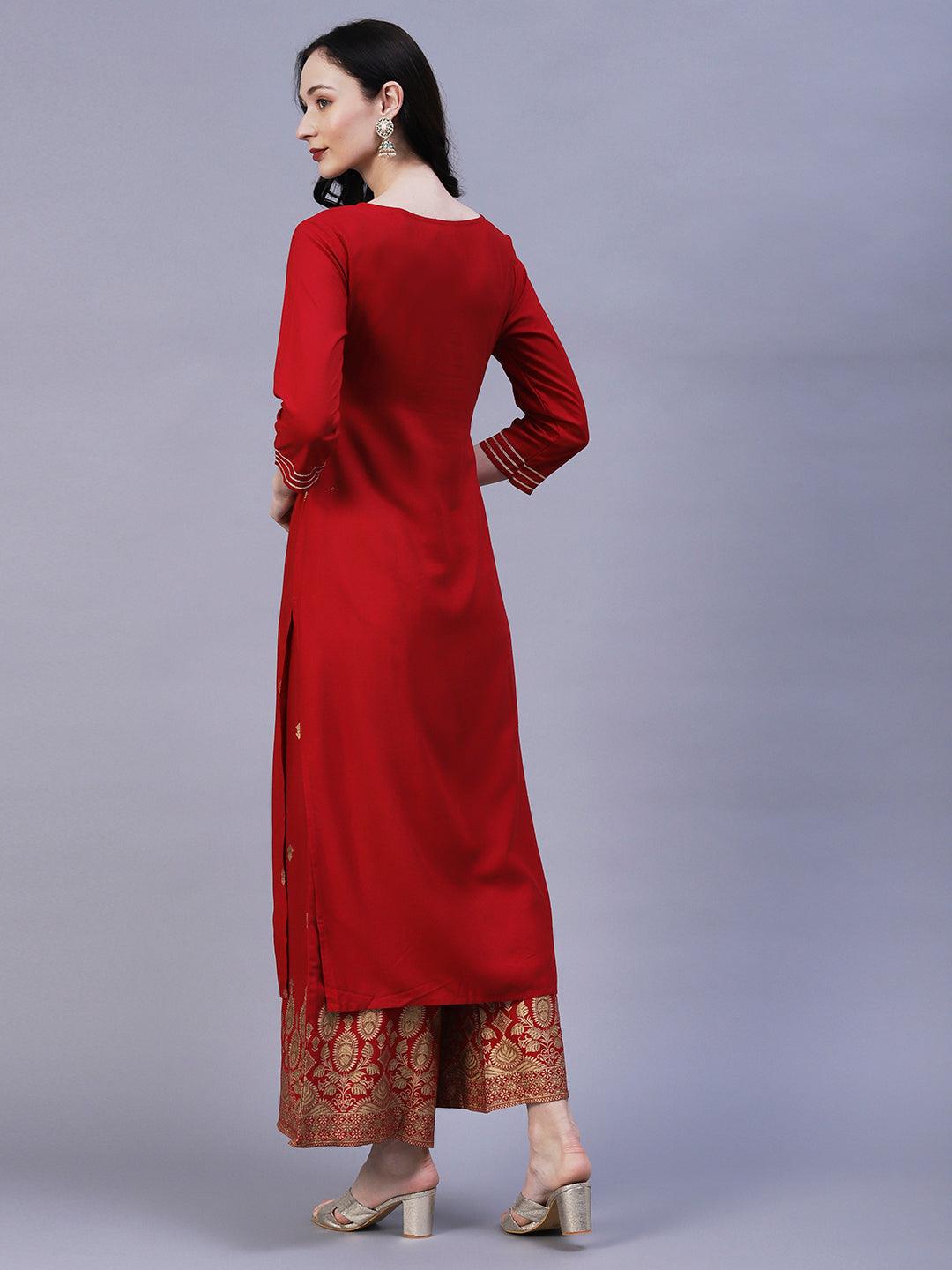 Floral & Ethnic Khari & Shimmer Printed Kurta With Palazzo - Red - Indiakreations