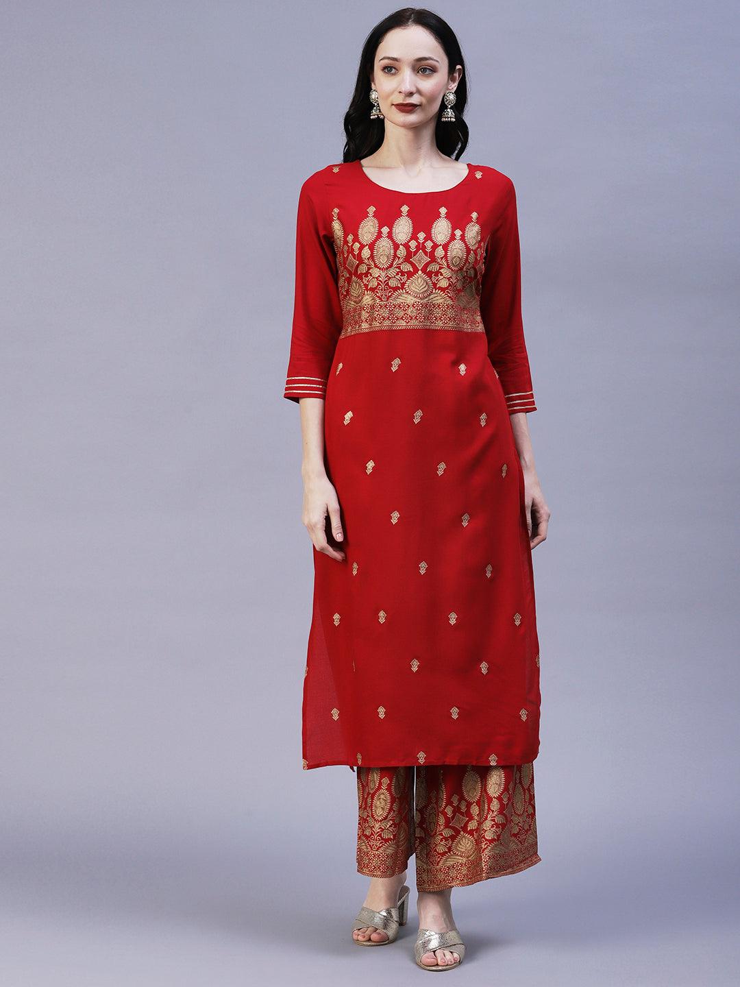 Floral & Ethnic Khari & Shimmer Printed Kurta With Palazzo - Red - Indiakreations