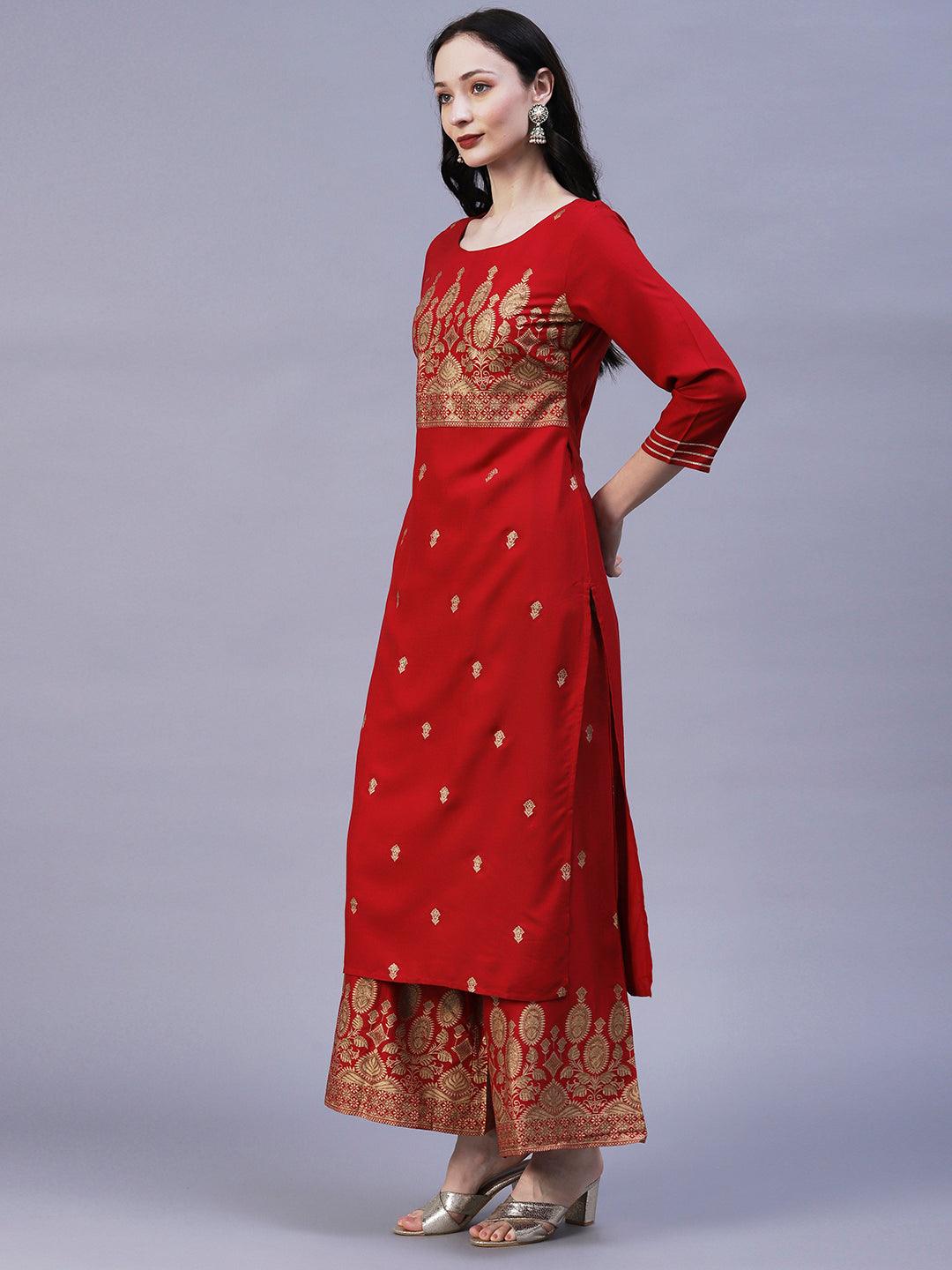 Floral & Ethnic Khari & Shimmer Printed Kurta With Palazzo - Red - Indiakreations