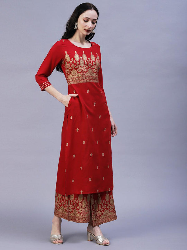 Floral & Ethnic Khari & Shimmer Printed Kurta With Palazzo - Red - Indiakreations