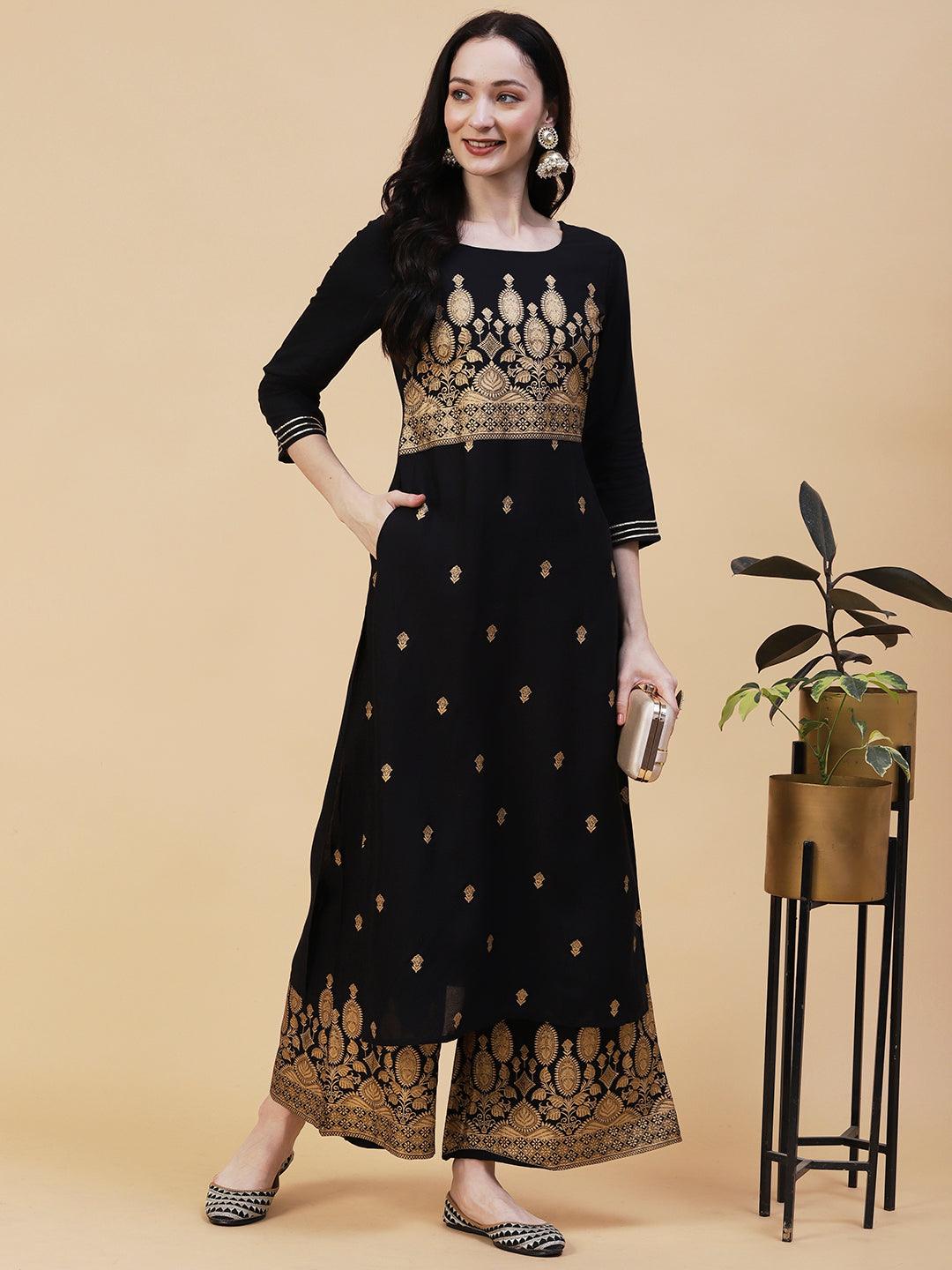 Floral & Ethnic Khari Shimmer Printed Kurta With Palazzo - Black - Indiakreations