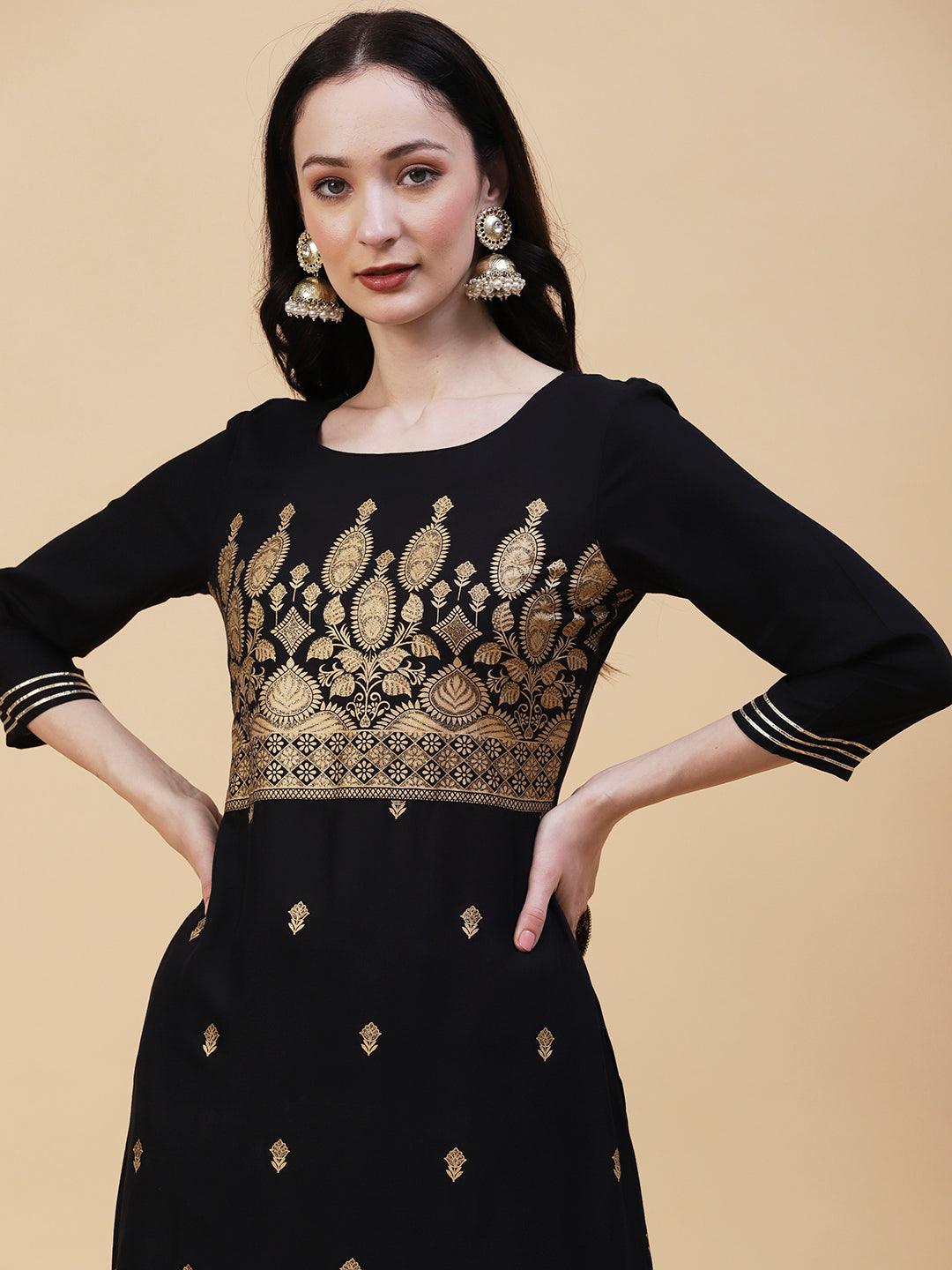 Floral & Ethnic Khari Shimmer Printed Kurta With Palazzo - Black - Indiakreations