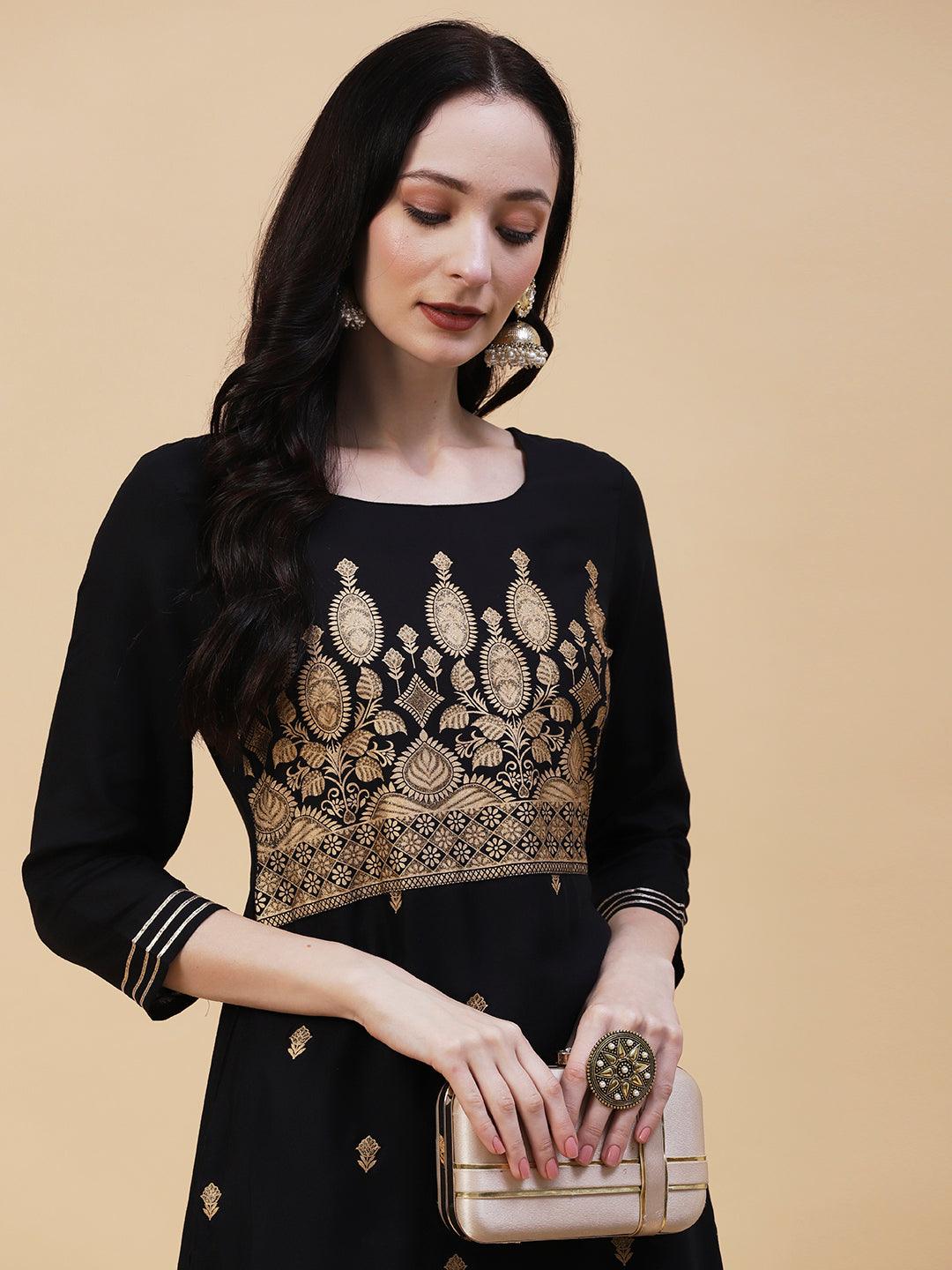 Floral & Ethnic Khari Shimmer Printed Kurta With Palazzo - Black - Indiakreations