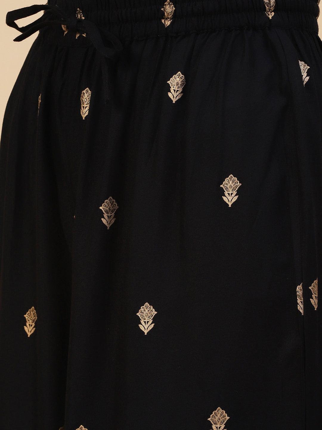 Floral & Ethnic Khari Shimmer Printed Kurta With Palazzo - Black - Indiakreations