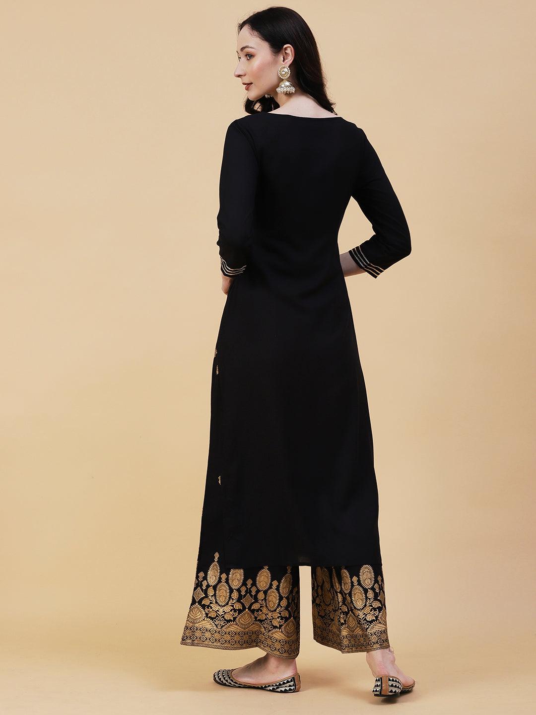 Floral & Ethnic Khari Shimmer Printed Kurta With Palazzo - Black - Indiakreations