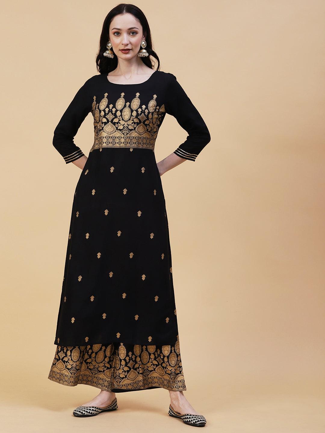 Floral & Ethnic Khari Shimmer Printed Kurta With Palazzo - Black - Indiakreations