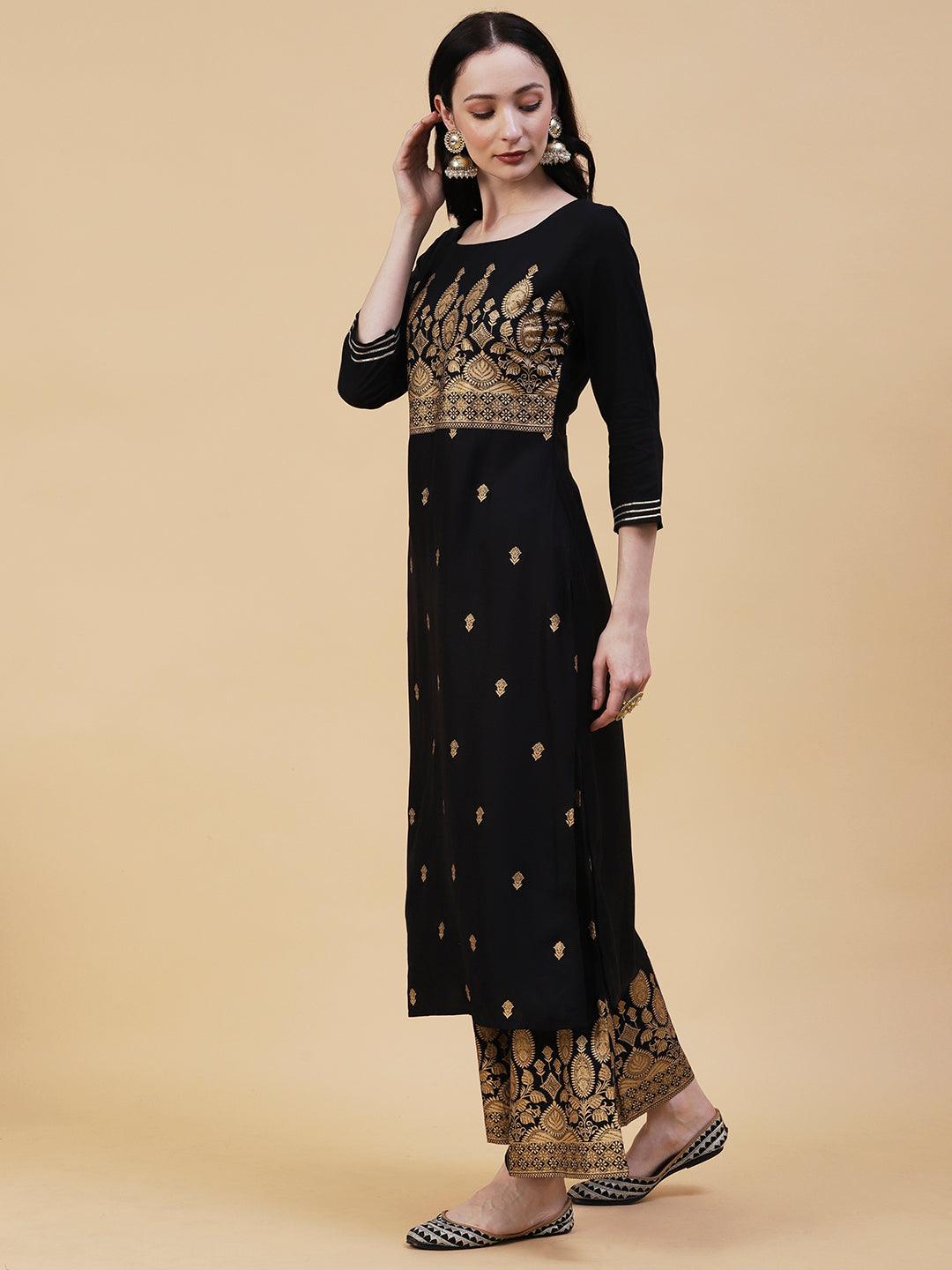 Floral & Ethnic Khari Shimmer Printed Kurta With Palazzo - Black - Indiakreations