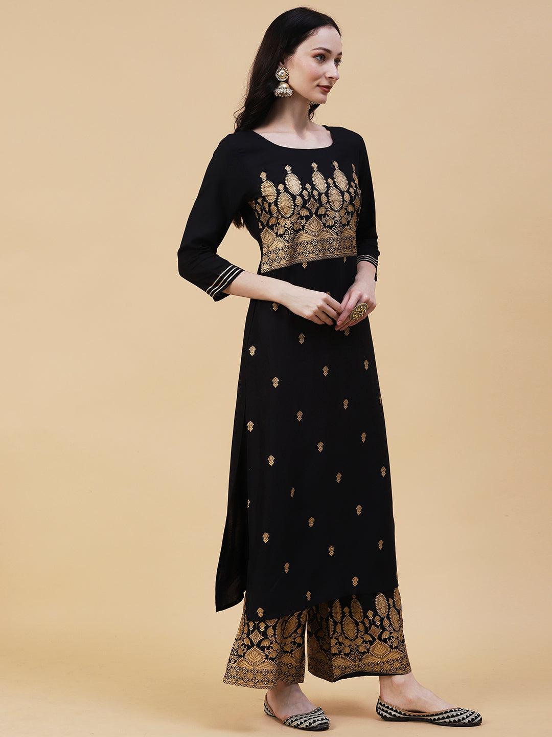 Floral & Ethnic Khari Shimmer Printed Kurta With Palazzo - Black - Indiakreations