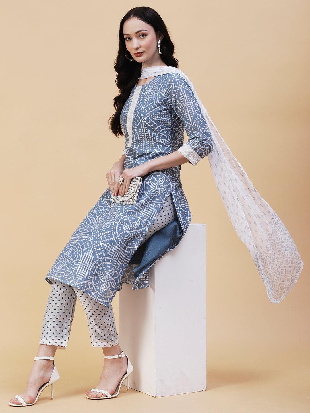 Geometric Printed Resham Embroidered Kurta With Pants & Dupatta - Blue - Indiakreations